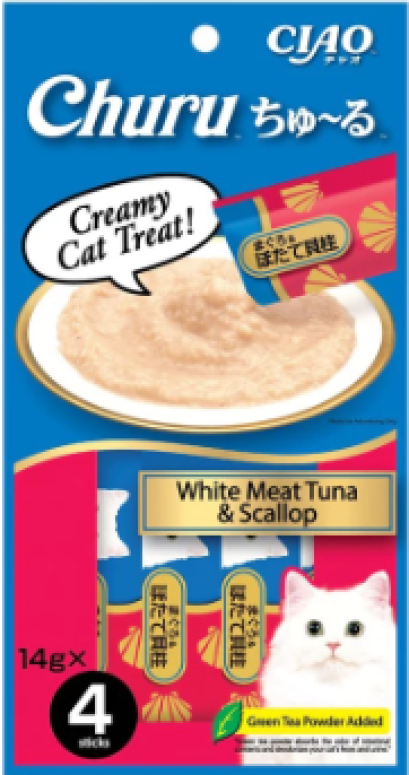 CIAO Chu-ru ขนมแมวเลีย_รสทูน่าเนื้อขาวและหอยเชลล์ [14 กรัม x 4 ซอง]