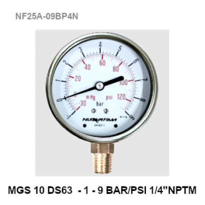 -1-9 Bar(-30-120 PSI) Ø 2.5&quot; Brass Lower 1/4&quot;