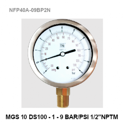 -1-9 Bar(-30inHg -130PSI) &Oslash; 4" Brass Lower 1/2"