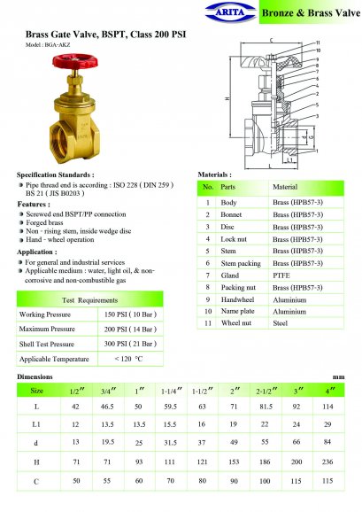 Brass Gate Valve, BGA-AKZ, BSPT, Class 200 PSI