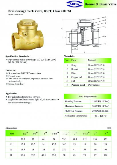 Brass Swing Check Valve, BSPT, Class 200 psi