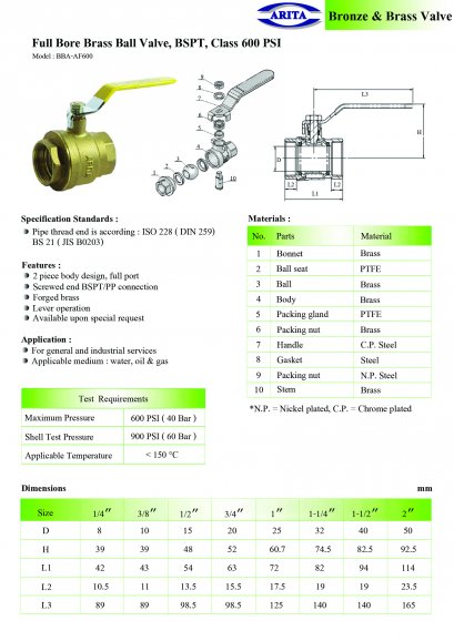 Full Bore Brass Ball Valve, AF600, BSPT, Class 600 psi