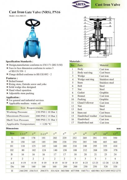 ARITA Cast Iron Gate Valve (NRS), PN 16