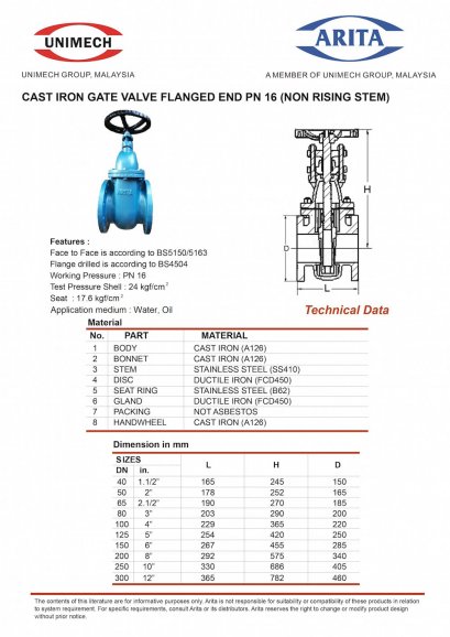 CAST IRON NRS GATE VALVE, FLANGED PN 16