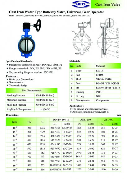 Cast Iron Wafer Type Butterfly Valve, Universal, Gear Operator