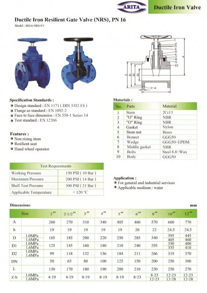 Ductile Iron Resilent Seat Gate Valve, NRS, PN16