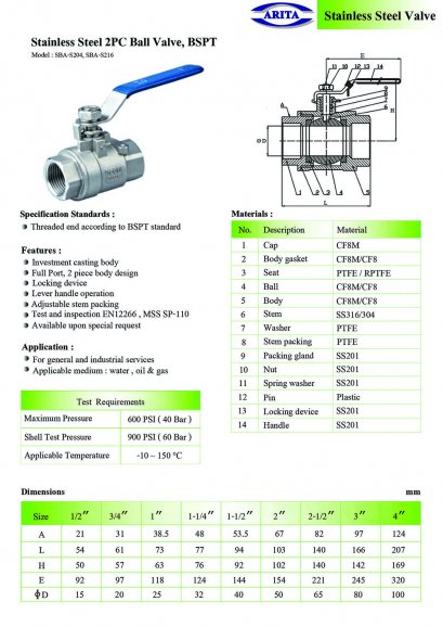 ARITA Stainless Steel 2PC Ball Valve, BSPT