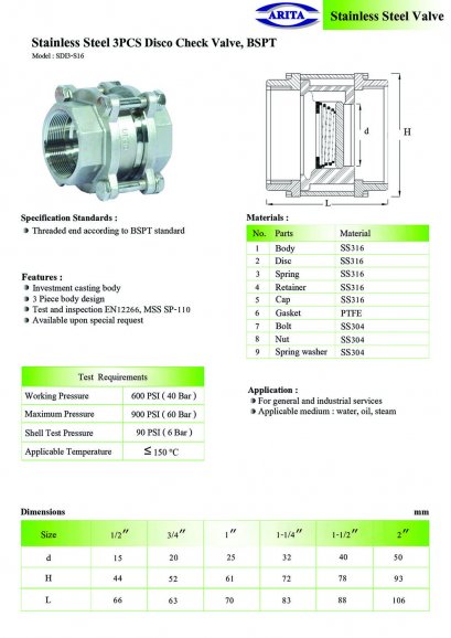 Stainless Steel 3PCS Disco Check Valve, BSPT