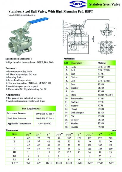 Stainless Steel Ball Valve, With High Mounting Pad, BSPT