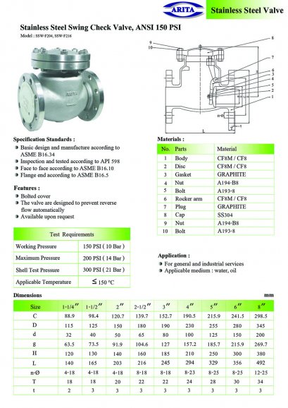 Stainless Steel Swing Check Valve, ANSI 150 PSI