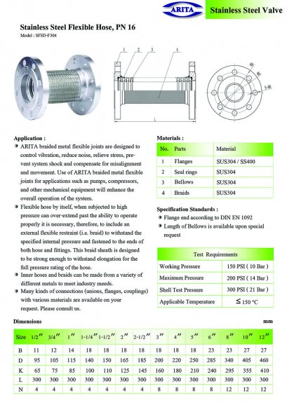 Stainless Steel Flexible Hose, PN 16