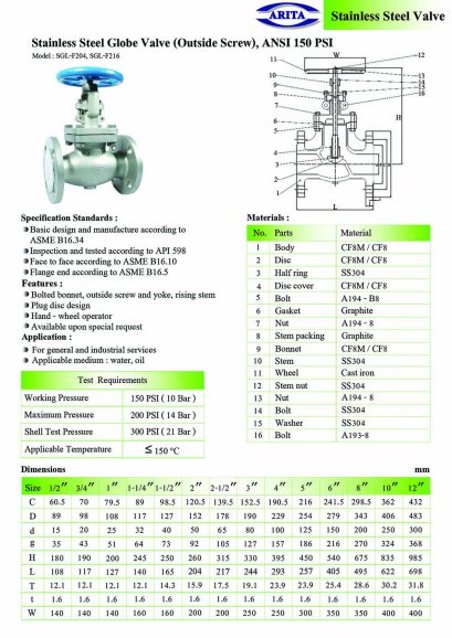 Stainless Steel Globe Valve, ANSI 150 PSI