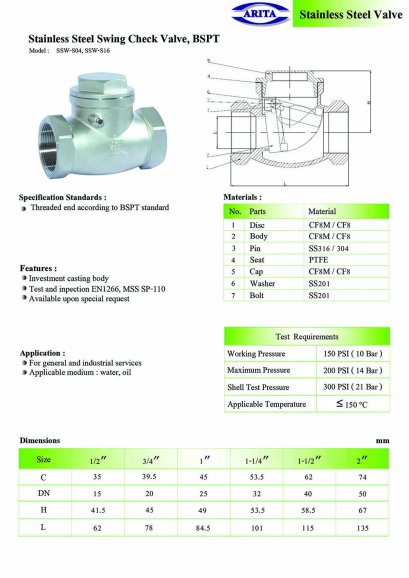 Stainless Steel Swing Check Valve, BSPT