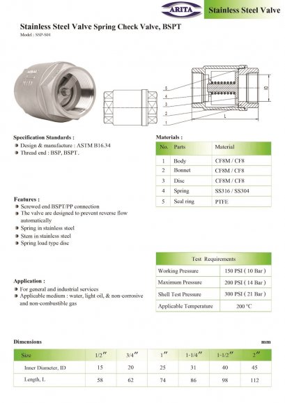 Stainless Steel Valve Spring Check Valve, BSPT