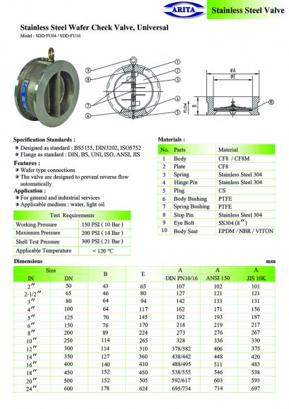 Stainless Steel Wafer Check Valve, Universal