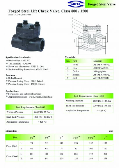 Forged Steel Lift Check Valve, Class 800PSI & 1500PSI