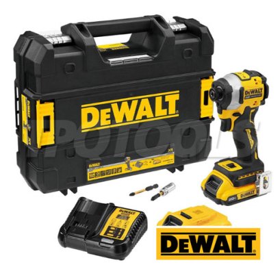 DCF850D2A-B1 ไขควงกระแทกไร้สาย (ไร้แปรงถ่าน) 20V MAX ขนาด HEX 6.35 มม. แรงบิดสูงสุด 205 NM. ความเร็วรอบ 3250 RPM (แรงบิดเหมาะสำหรับงานหนัก) พร้อมแบตเตอรี่ 2.0AH + แท่นชาร์จ + แถมดอกไขควง 2 ชิ้น "DEWALT" ดีวอลท์