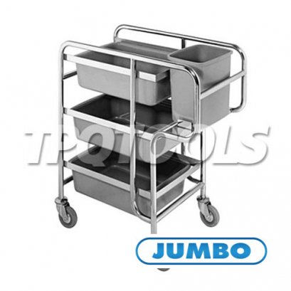 FT-0301 รถเข็นเก็บจานสแตนเลสแบบมีถังเก็บขยะ (ถาดสีขาว) JUMBO