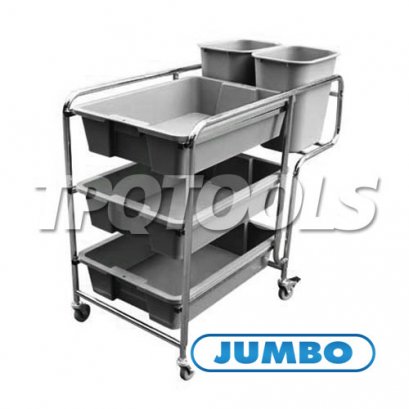 FT-0302L รถเข็นเก็บจานเหล็กชุบโครเมียม แบบมีถังเก็บเศษอาหาร JUMBO