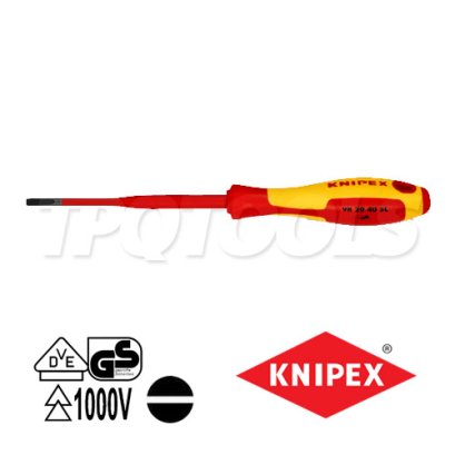 KNIPEX 982040SL ไขควงแกนสลิมปากแบน VDE1000V ด้ามฉนวนการไฟฟ้า ขนาดหัว 4.0 (0.8 มม.)x100x202 มม. (หัวไขควง+ความยาวแกน+ความยาวทั้งตัว) KNIPEX คะนิเพค คีมช่างมืออาชีพอันดับ 1 MADE IN GERMANY