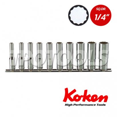 RS2305A/10 ลูกบล็อก ยาว 12P ชุด 10 ชิ้น SQ.DR.1/4&quot;  Deep Socket Set on Rail
