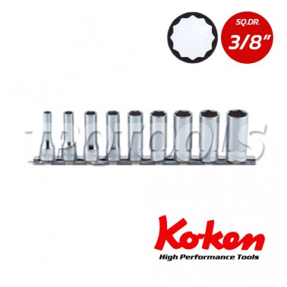 RS3405A/9 ลูกบล็อก สั้น 12P ชุด 9 ชิ้น  SQ.DR.3/8&quot;  Socket Set on Rail
