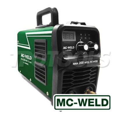 MMA200 "MCWELD" เครื่องเชื่อมไฟฟ้า MC-WELD MMA 200 Well Power มีระบบ Hot Start inside ช่วยจุดอาร์คได้ง่าย แรงดันไฟฟ้า AC 220V กระแสไฟเชื่อม 20-200A กำลังไฟฟ้าขณะเปิดเครื่อง 30W แม็กเวล