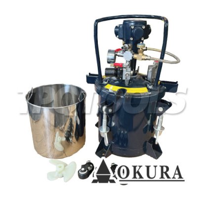 2025A-10L ถังพ่นสีรุ่นมีแกนกวนสีใช้ลม (มีล้อเข็น) ขนาด  10 ลิตร (พร้อมถังสแตนเลส 304) OKURA