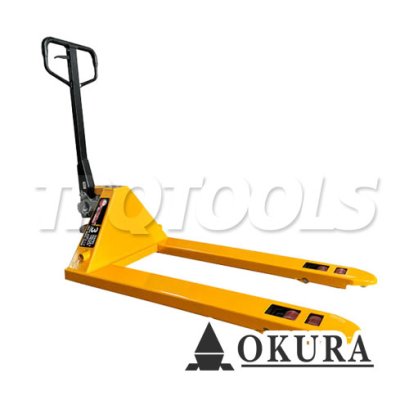 DF-3.0T รถลากพาเลทหน้ากว้าง+แกนตัน ขนาด 3 ตัน / 3000 กก. สีเหลือง ปรับหมุนยกได้ 180 องศา &quot;OKURA&quot;