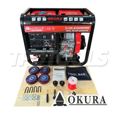 D-OK-EG6500WE เครื่องกำเนิดไฟฟ้าเครื่องยนต์ดีเซล 220V/50Hz Single Phase งานเชื่อม 50-180A ขนาด 2.6-3.2-4.0 มม. (ไม่มีอุปกรณ์เชื่อมในเครื่อง) OKURA Diesel Generator