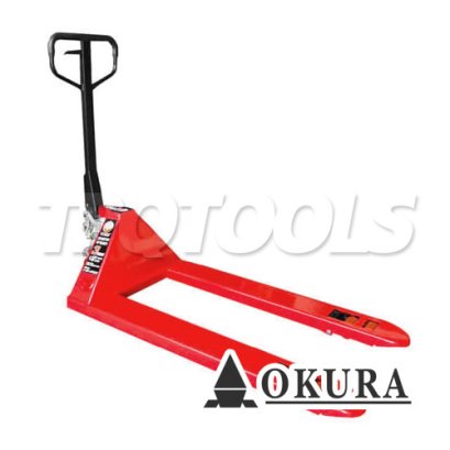 E-OK-HP03R รถลากพาเลทหน้ากว้าง ขนาด 3 ตัน / 3000 กก. สีแดง ปรับหมุนยกได้ 180 องศา "OKURA"