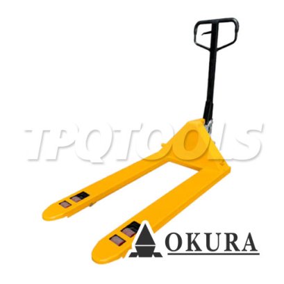 E-OK-HP03Y รถลากพาเลทหน้ากว้าง+ขาเหยียบ ขนาด 3 ตัน / 3000 กก. สีเหลือง ปรับหมุนยกได้ 180 องศา &quot;OKURA&quot;
