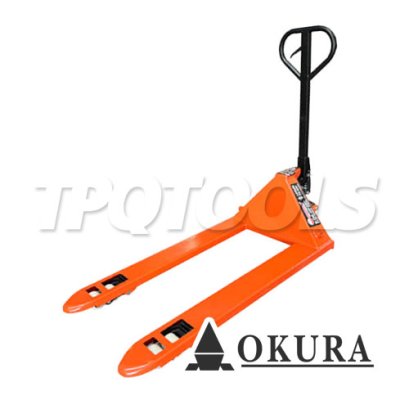E-OK-HP25C รถลากพาเลทหน้ากว้าง ขนาด 2.5 ตัน / 2500 กก. ล้อไนล่อน สีส้ม ปรับหมุนยกได้ 180 องศา &quot;OKURA&quot;