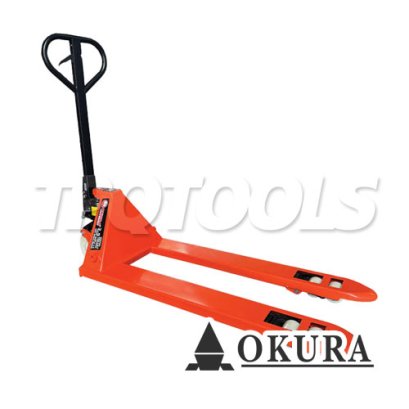 E-OK-HP25NR รถลากพาเลทหน้าแคบ ขนาด 2.5 ตัน / 2500 กก. สีส้ม ล้อไนล่อน ปรับหมุนยกได้ 180 องศา &quot;OKURA&quot;