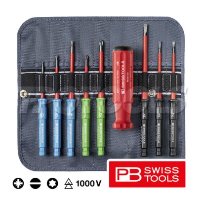 PB5218SU ชุดไขควงเปลี่ยนหัวได้ 9 ตัวชุด (รวมด้าม) ใช้กับหัวแบน-PZ-ทอร์ค พร้อมซองหนัง สำหรับงานไฟฟ้า VDE1000V หรือกระแสตรง 1500V PB SWISS TOOLS
