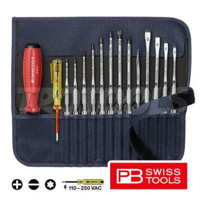PB8222 ชุดไขควงเปลี่ยนหัวได้ 15 ตัวชุด (รวมด้าม+ไขควงลองไฟ) ใช้กับหัวแบน-แฉก-ทอร์ค พร้อมซองหนัง PB SWISS TOOLS