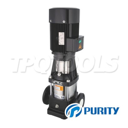 "PURITY" CDLm4-12 ปั๊มน้ำแนวตั้งส่งสูง 12 ใบพัด 4 คิว ดูดลึก 7 เมตร ส่งสูง 95/114 เมตร ท่อเข้าออก 32 มม. กำลังไฟฟ้า 3.0 แรง 2.2 KW