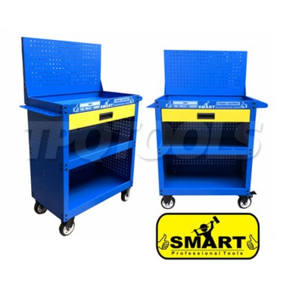 G-SM-TTC03-1D รถเข็นเครื่องมือช่าง 3 ชั้นโล่ง + 1 ลิ้นชัก มีล้อ ขนาด 780x375x1120 มม. (ขนาดภายนอก สูงรวมแผงแขวน) สีน้ำเงิน