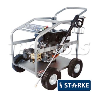 SK-3600F/G (เบนซิน) เครื่องฉีดน้ำแรงดันอุตสาหกรรม 250 บาร์ (แรงดันสูงสุด 370 บาร์) เครื่องยนต์เบนซิน 13 HP เชือกดึงสตาร์ท ความเร็วรอบ 3400 รอบ/นาที สายอัดฉีดแรงดันยาว 15 เมตร แบบรถเข็น 4 ล้อ STARKE