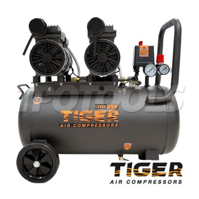 LYNX-250 ปั๊มลมออยล์ฟรีเสียงเงียบ (OIL FREE) ความจุถัง 50 ลิตร 1100W / 1450 RPM มอเตอร์ทองแดง อัตราการทำลม 210 ลิตร/นาที ไทเกอร์ TIGER
