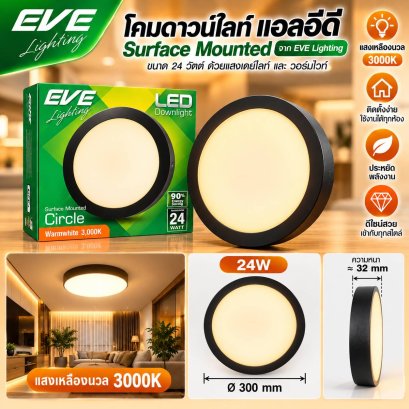 โคมแอลอีดี ขนิดติดลอย หน้ากลม ขอบสีดำ ขนาด 18 และ 24 วัตต์ มีให้เลือกทั้งแสงขาวเดย์ไลท์ และแสงเหลืองวอร์มไวท์ LED Surface Mount Black 18, 24W