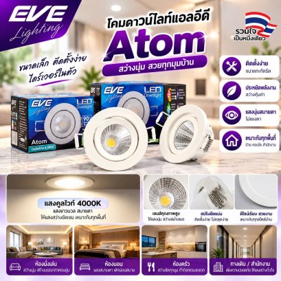 โคมดาวน์ไลท์แอลอีดี รุ่นอะตอม ขนาดเล็ก ขนาด 3, 6, และ 9 วัตต์ ให้แสงขาวนวลคูลไวท์ มุมแสงแคบ 30 องศา LED Downlight Atom