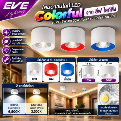 โคมแอลอีดี ชนิดติดลอย คัลเลอร์ฟูล มีให้เลือกขอบสีขาว น้ำเงิน และ แดง  ขนาด 15, 30 วัตต์ ทั้งแสงขาวเดย์ไลท์ และแสงเหลืองวอร์มไวท์ LED Surface Mounted COB Colorful