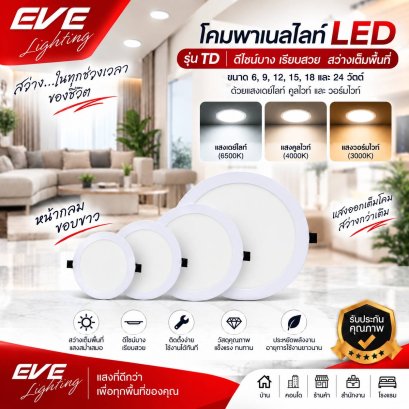 โคมพาเนลไลท์แอลอีดี หน้ากลม รุ่น TD ขนาด 6,9,12,15,18 วัตต์ มีให้เลือกทั้งแสงขาวเดย์ไลท์  และแสงเหลืองวอร์มไวท์ LED Panel Circle TD 6,9,12,15,18W