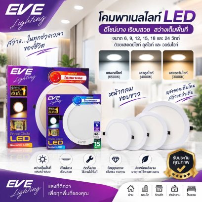 โคมพาเนลไลท์แอลอีดี หน้ากลม รุ่นมาตรฐาน ขนาด 6,9,12,15,18 และ24 วัตต์ มีให้เลือกทั้งแสงขาวเดย์ไลท์ และแสงเหลืองวอร์มไวท์ LED Panel Circle 6, 9, 12, 15, 18, 24W