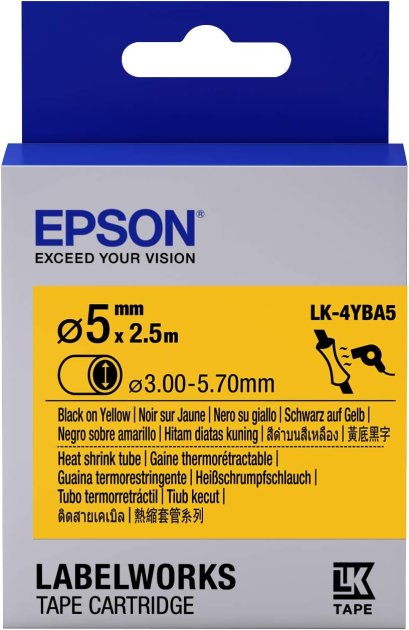 Epson LK-4YBA5 Black on Yellow HT SHRINK DIA.5 (C53S654522) เทปมาร์คสายไฟ ท่อหดความร้อน 5 mm. x 2.5 m. ของแท้ รับประกันศูนย์