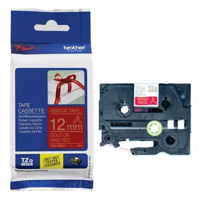 Brother TZE-RW34 เทปพิมพ์อักษร ขนาด 12 มม. (ทอง/แดงไวน์แดง) ความยาว 4 เมตร  แบบริบบิ้นเทป ของแท้ รับประกันศูนย์