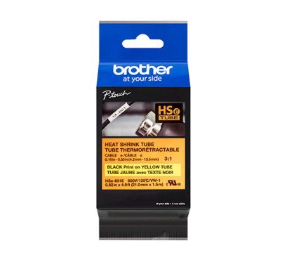 Brother HSE-651E เทปพิมพ์อักษรสำหรับท่อหด ratio 3:1 ขนาด 21.0 มม.  (ดำ/เหลือง) ของแท้ รับประกันศูนย์