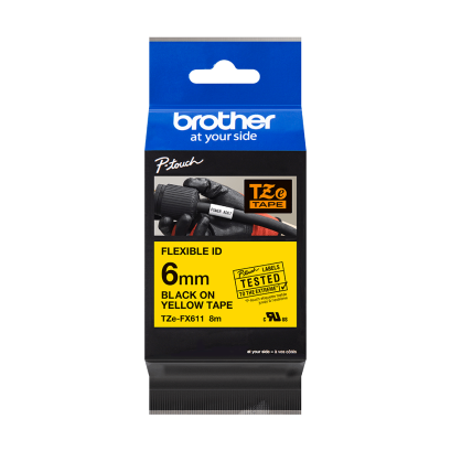 Brother TZE-FX611 เทปพิมพ์อักษรแบบยืดหยุ่น ขนาด 6 มม. (ดำ/เหลือง) แบบเคลือบพลาสติก ของแท้ รับประกันศูนย์