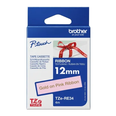 Brother TZE-RE34 เทปพิมพ์อักษร ขนาด 12 มม. (ทอง/ชมพู) ความยาว 4 เมตร  แบบริบบิ้นเทป ของแท้ รับประกันศูนย์